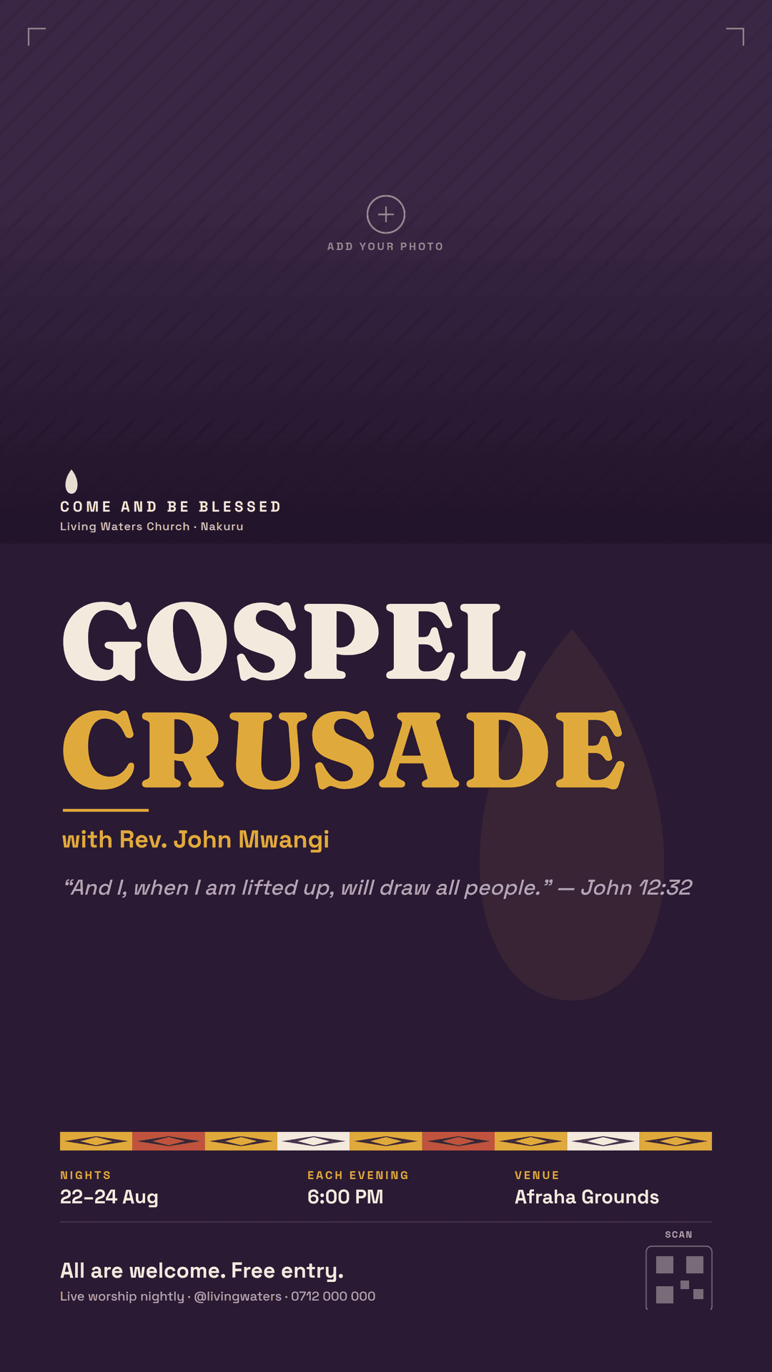 Afro-Modern gospel crusade flyer, story