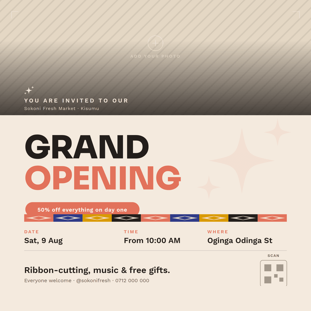 Afro-Modern grand opening flyer, square
