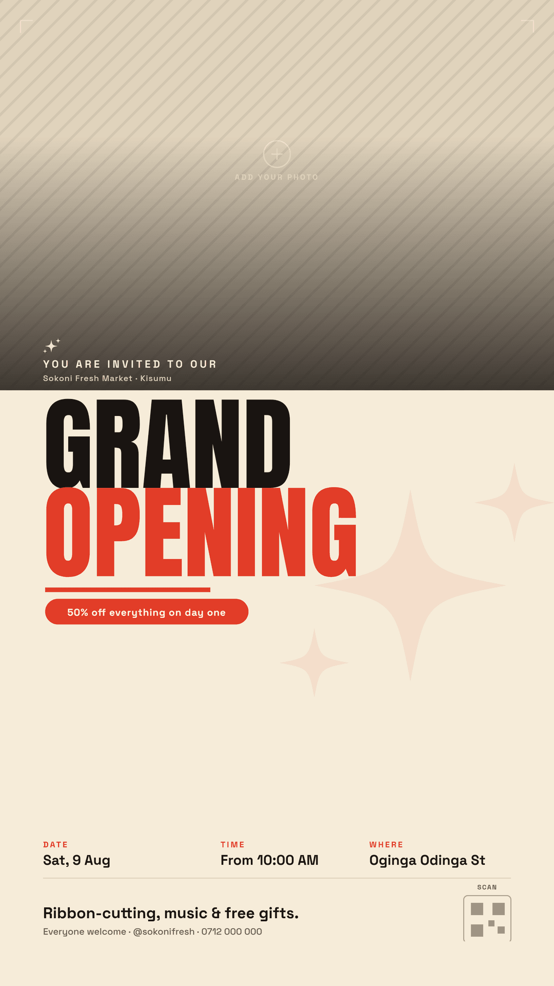 Afro-Modern grand opening flyer, story