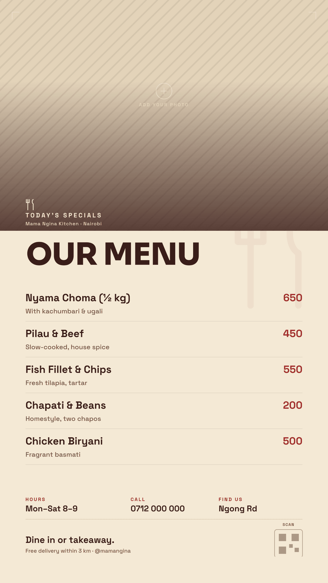 restaurant menu flyer, story