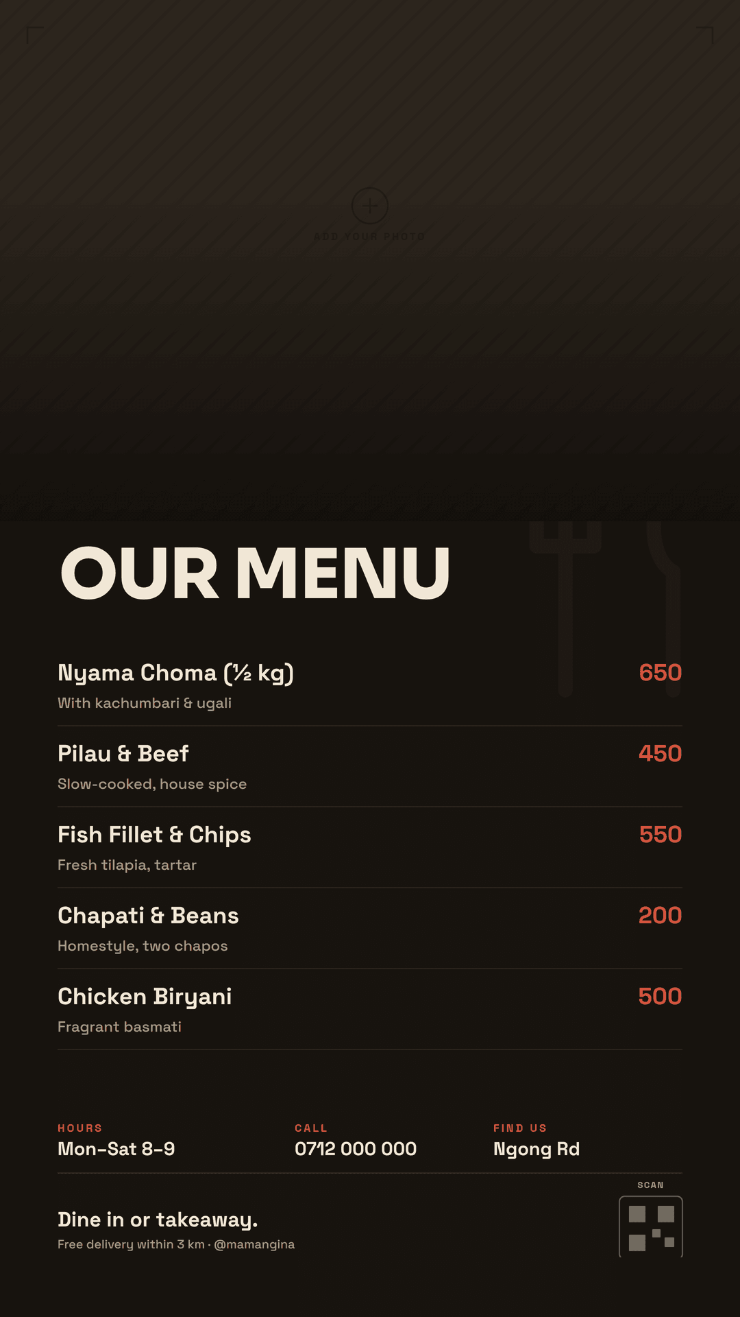restaurant menu flyer, story